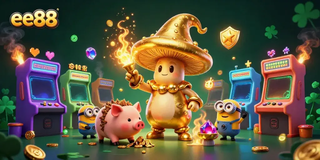 Experience the magic of ee88 with a golden mushroom wizard and treasure-hunting pig in a vibrant casino scene.