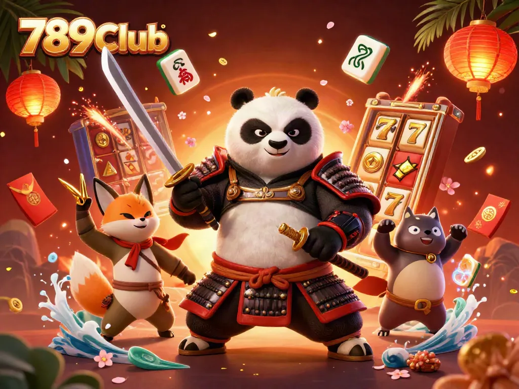 Engage with dynamic 789Club gaming scene showcasing action-packed characters amid vibrant slot reels and festive decorations.