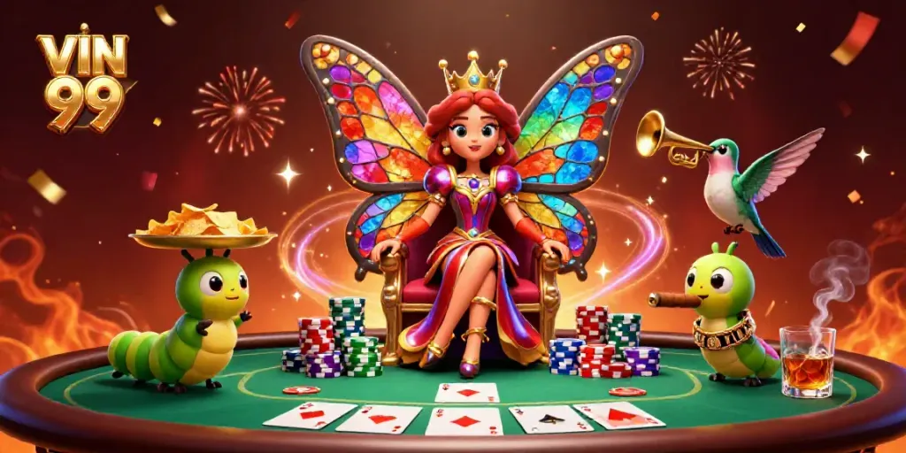 VIN 99 showcases a vibrant casino scene with a butterfly queen and vibrant poker elements.