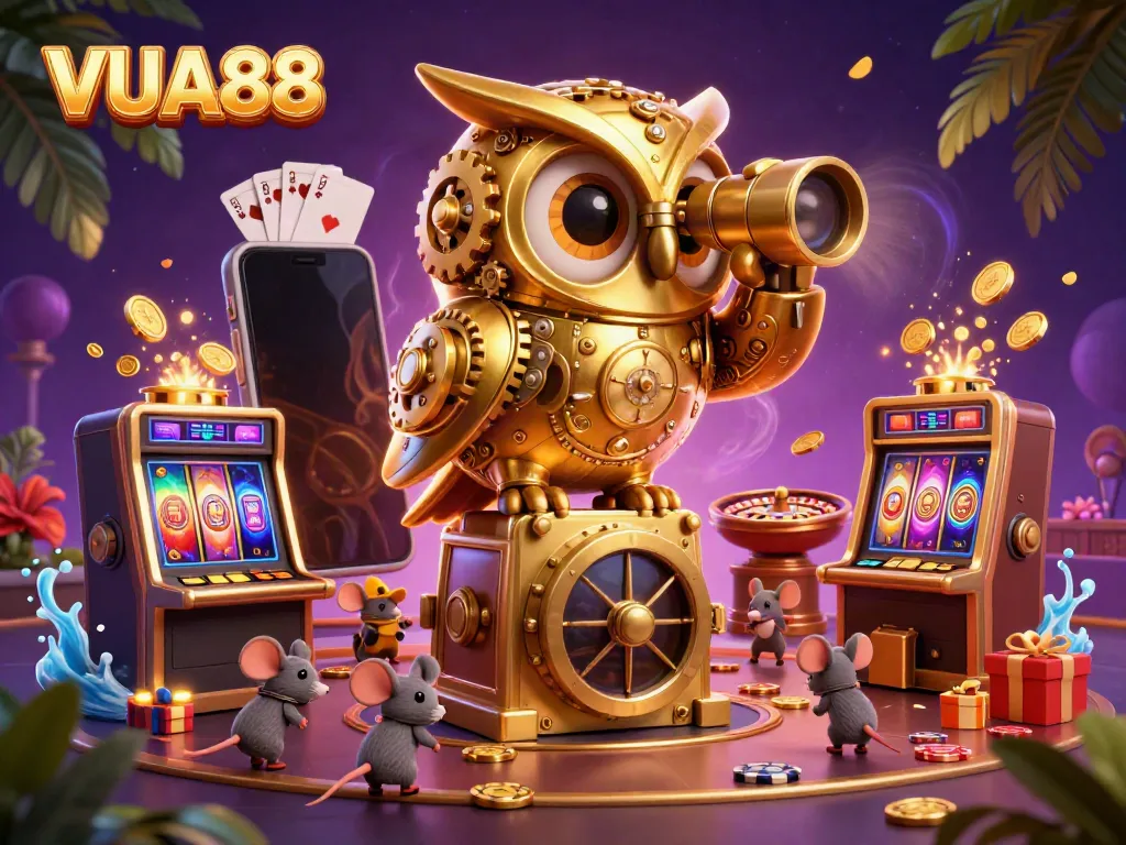 Engage in thrilling gaming at VUA88 with a vibrant 3D casino scene featuring the clockwork owl and rich game elements.