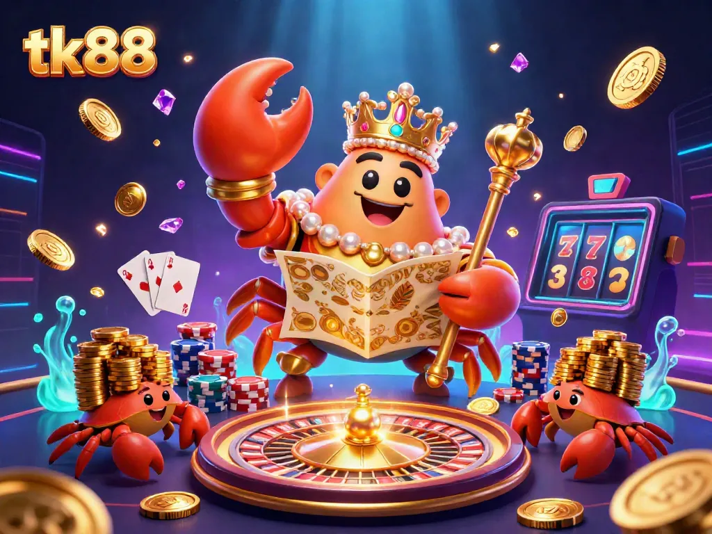 Experience thrilling casino moments with tk88 featuring a golden crab emperor amidst dazzling gaming elements.