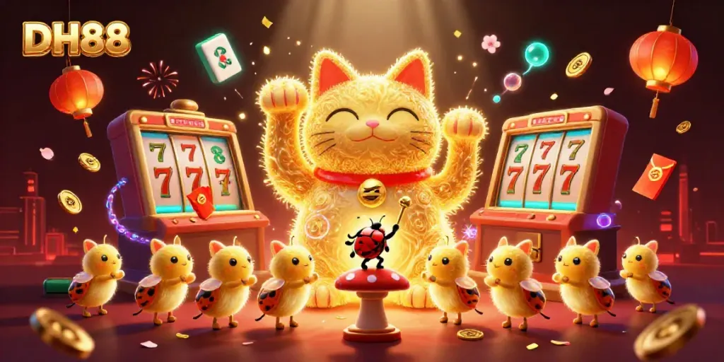 Experience the luck of DH88 with a vibrant 3D illustration of a lucky cat and casino elements in motion.