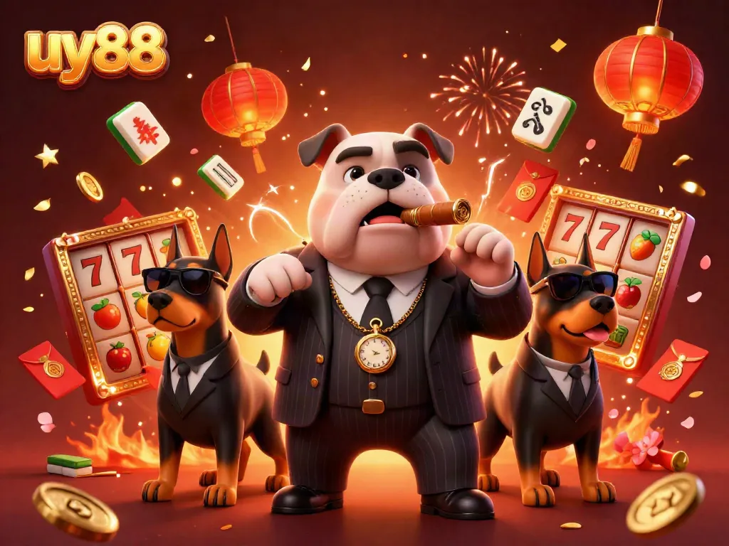 Experience thrilling jackpots with uy88 featuring a mafia boss and his bodyguards amidst vibrant casino elements.