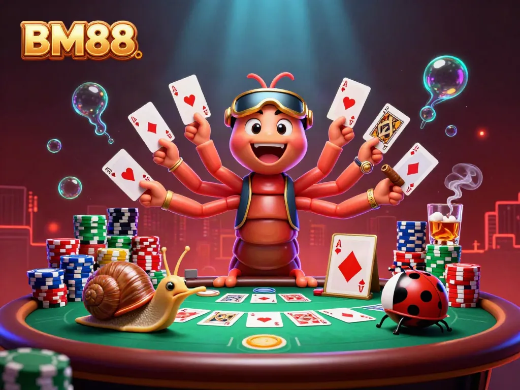 Experience the thrilling atmosphere at BM88's poker table with unique characters and vibrant casino elements.