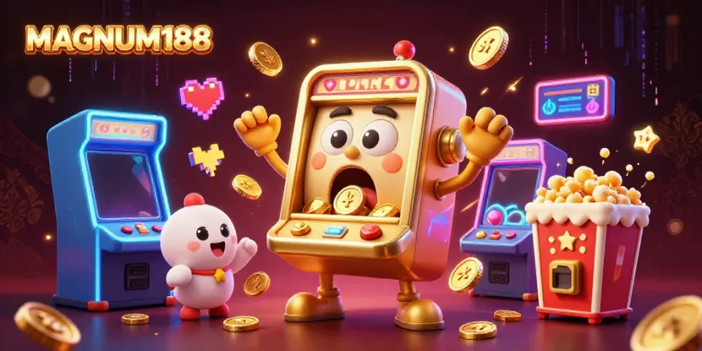 Experience the excitement of MAGNUM188 as a golden slot machine celebrates a big jackpot with cheering companions in this thrilling scene.