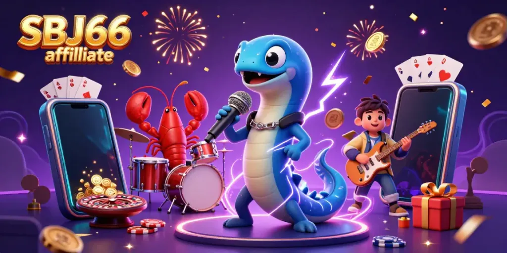 Engage with the vibrant SBJ66 affiliate underwater casino scene featuring a DJ electric eel, surrounded by lively gaming elements.