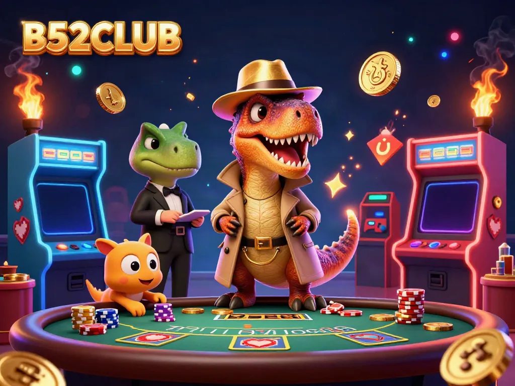 Join the action at B52CLUB with a cartoon velociraptor card counter at a lively blackjack table.