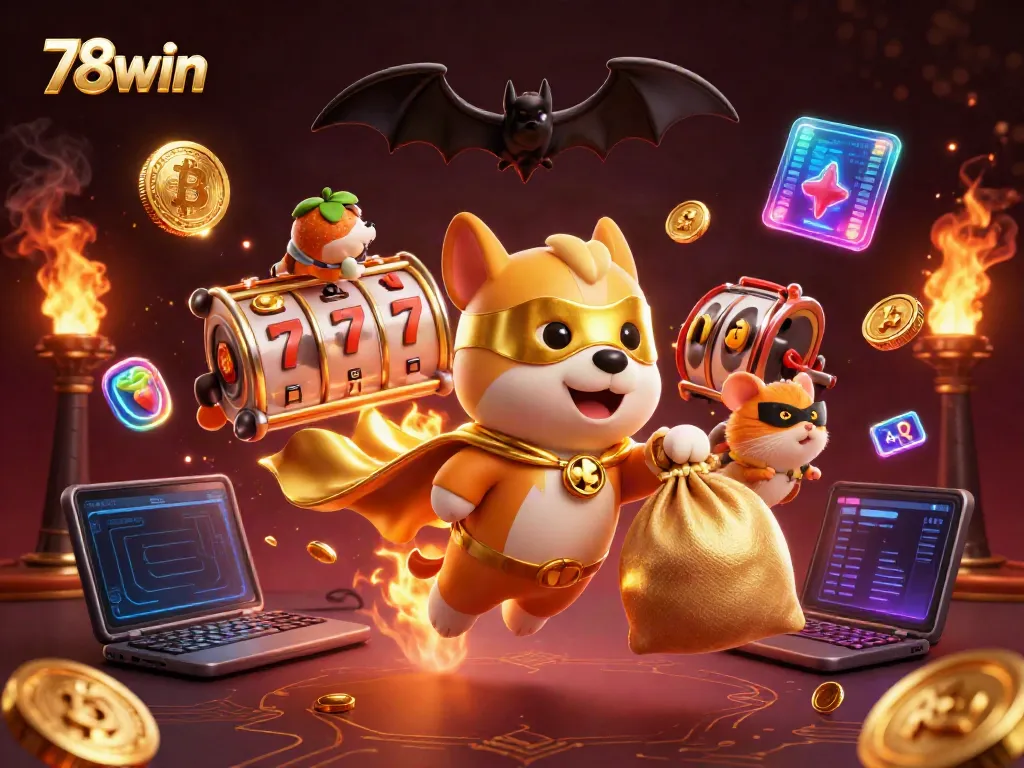 Experience the excitement of 78win's casino games with a superhero dog illustration, showcasing rich visuals.