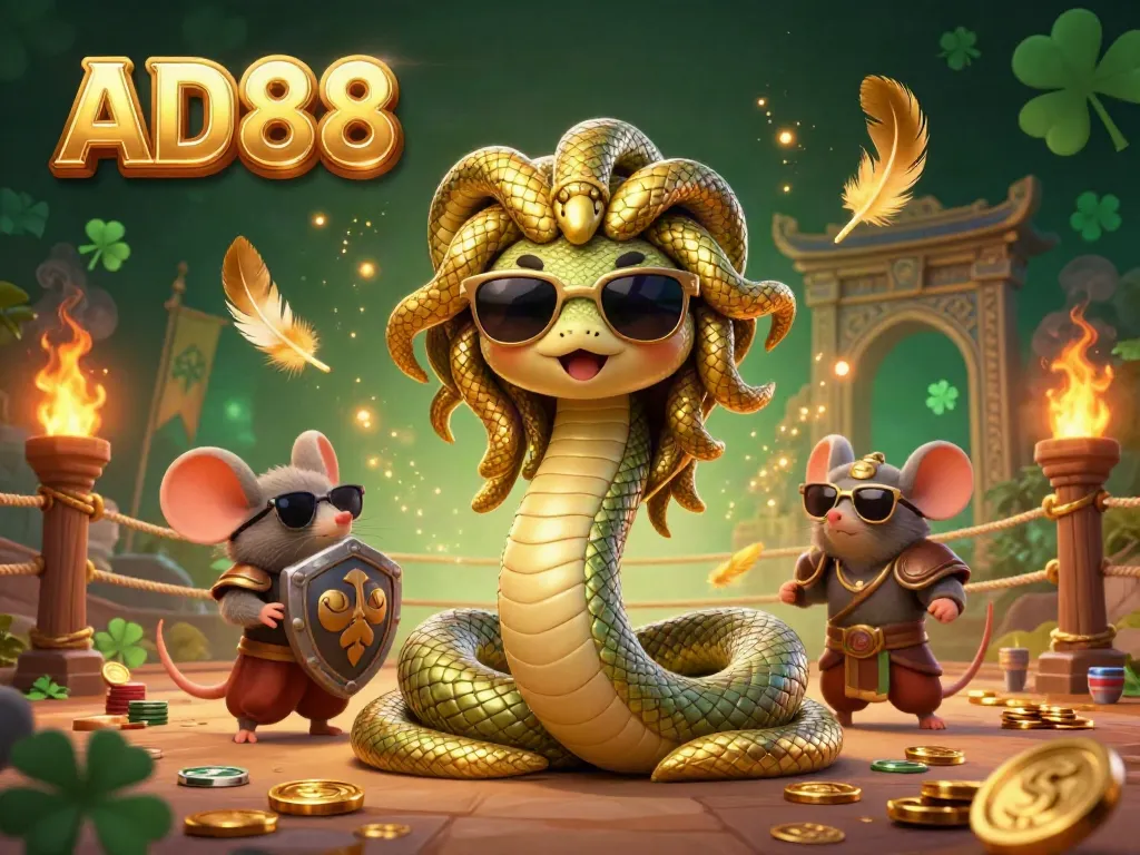 Join the excitement of AD88's online casino with a vibrant 3D illustration featuring Medusa and a warrior mouse.