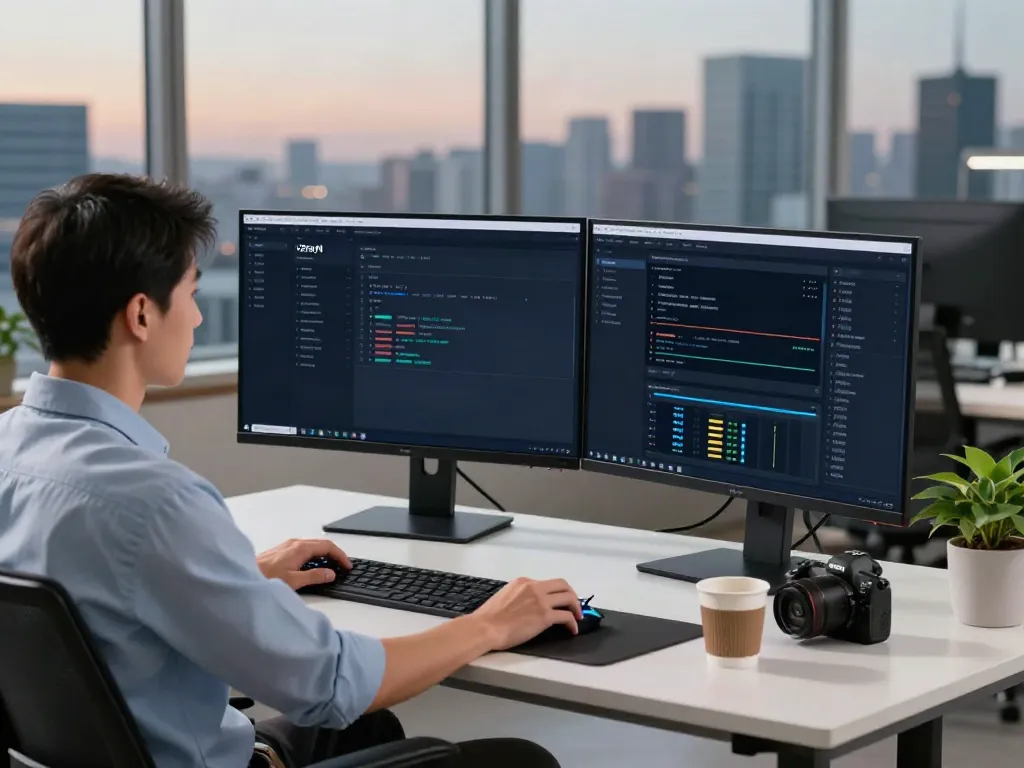 v2rayN setup displayed on dual monitors in a modern tech workspace.