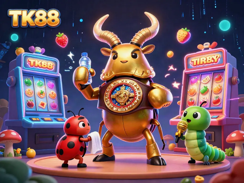 Join the excitement of TK88 with a vibrant slot machine scene featuring dynamic 3D characters in action.