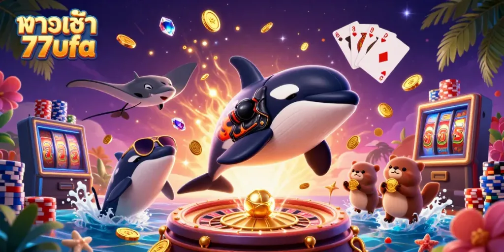 Experience exhilarating slots and casino action with ทางเข้า 77ufa as depicted in a vibrant 3D scene.