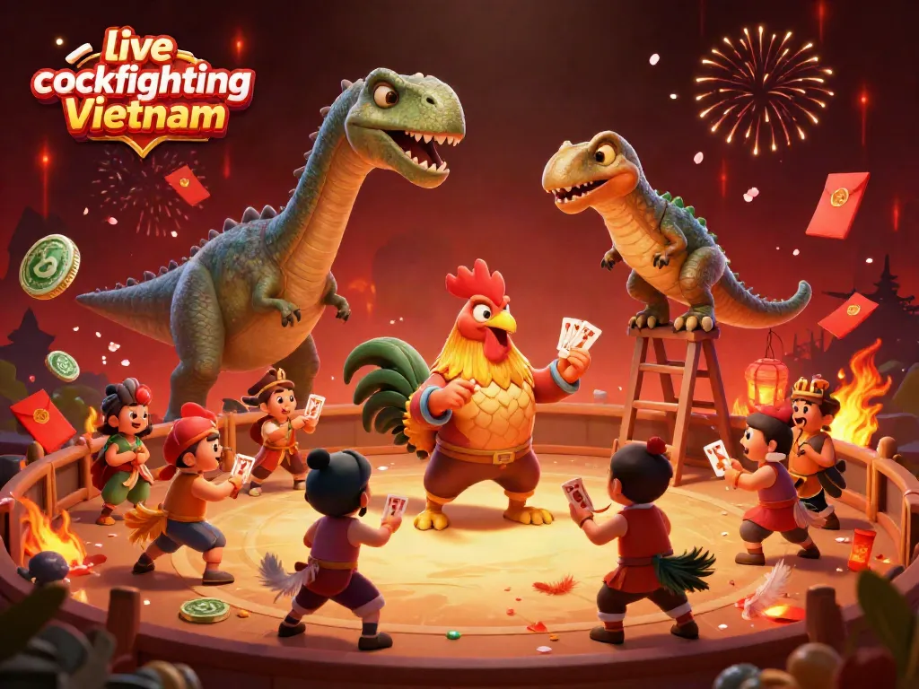 Chơi đá gà trực tiếp Việt Nam với khung cảnh sôi động, nơi có khủng long và các quân bài trên nền đỏ.