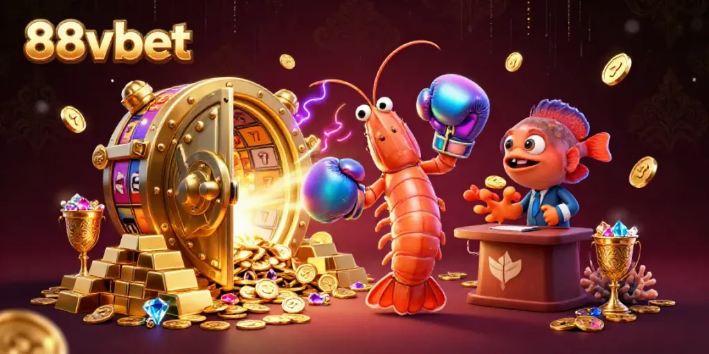 Engage in exciting gaming at 88vbet with vibrant characters and slot machines illustrated in a lively scene.