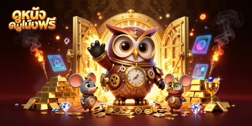 Engage in ดูหนังออนไลน์ฟรี with a dynamic scene featuring a time-traveling owl and casino elements.