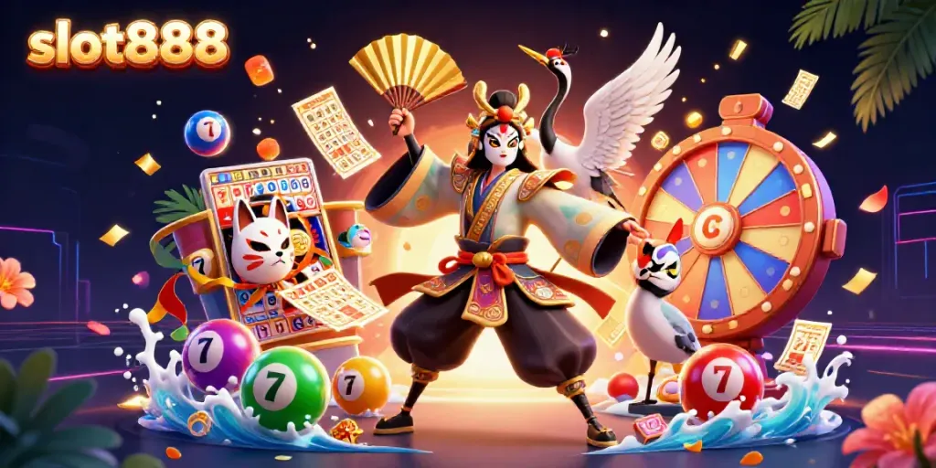 Experience thrilling slot888 gameplay with a vibrant 3D digital scene showcasing kabuki warrior, kitsune mask, and dynamic gaming elements.