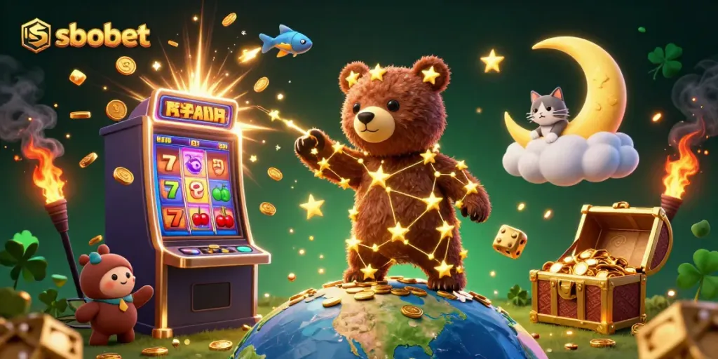 Engage in thrilling sbobet betting with vibrant illustrations of a jackpot slot machine and celestial characters.