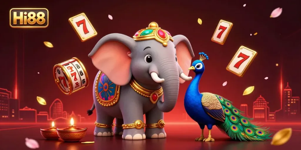 Experience the excitement of Hi88 with a vibrant casino atmosphere featuring a decorated elephant and more.