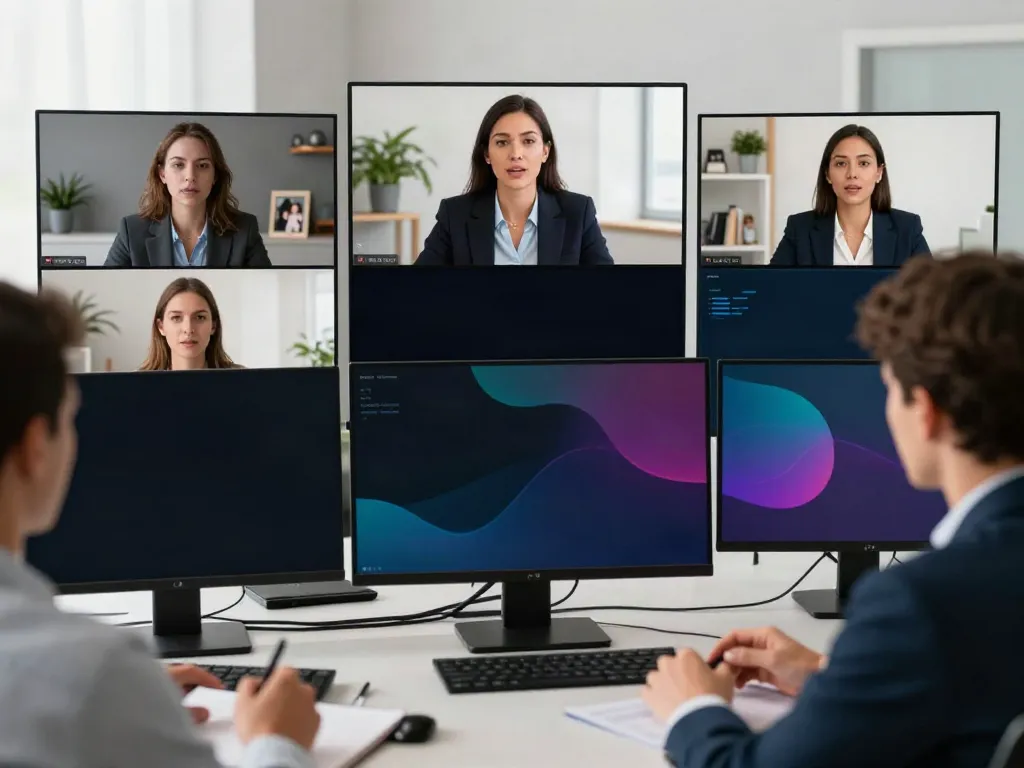 Engaged participants in deepfake free meetings during a video conference, highlighting authentic communication.