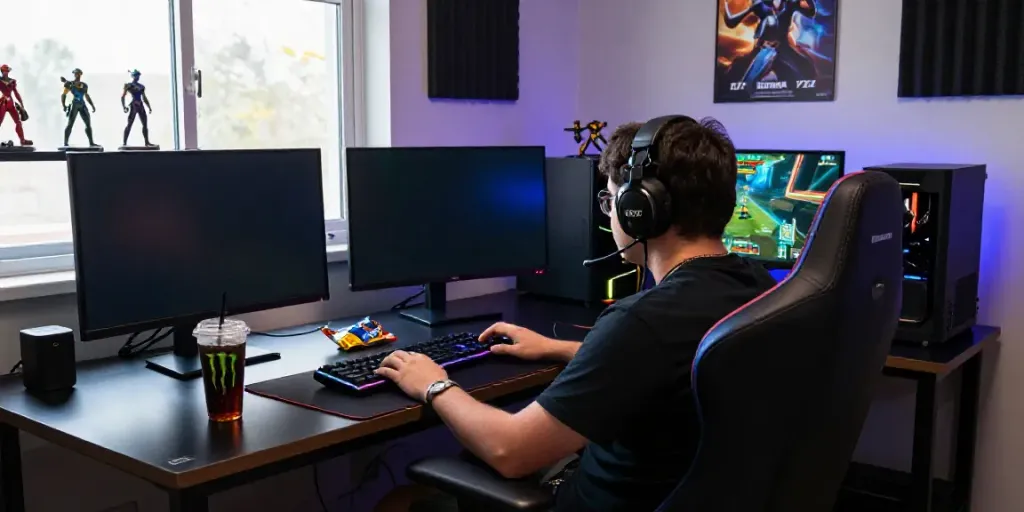 Intense gaming setup displaying the K177 game on-screen with vibrant graphics and gaming gear.