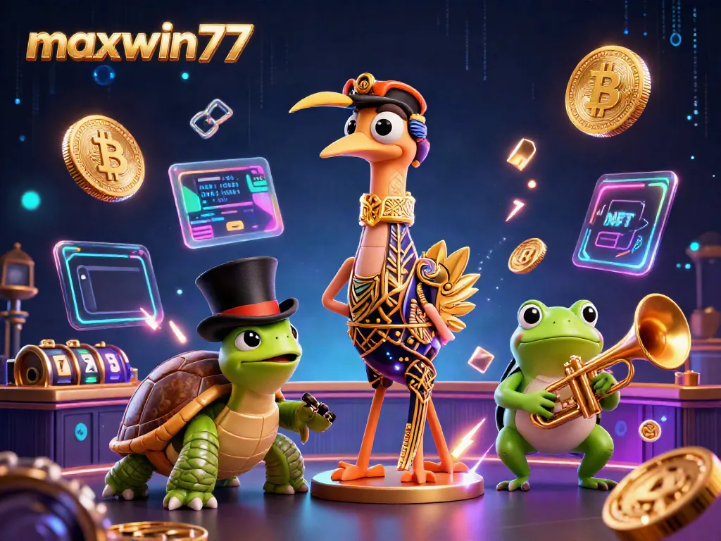 Experience excitement with maxwin77 at a vibrant casino scene featuring characters and crypto elements.
