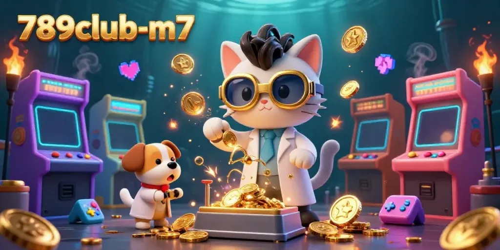 Engage with the 789club-m7 gaming scene featuring a mad scientist cat and loyal dog amidst vibrant casino elements.