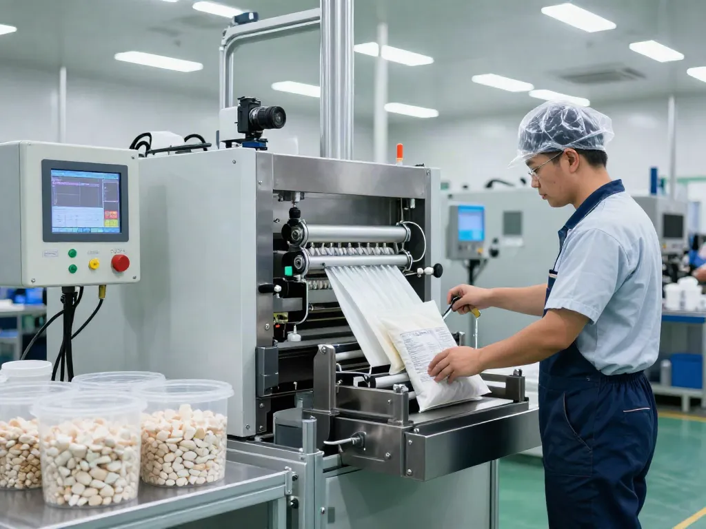 Professional packaging machinery supplier operating open-mouth bagging system in a modern facility