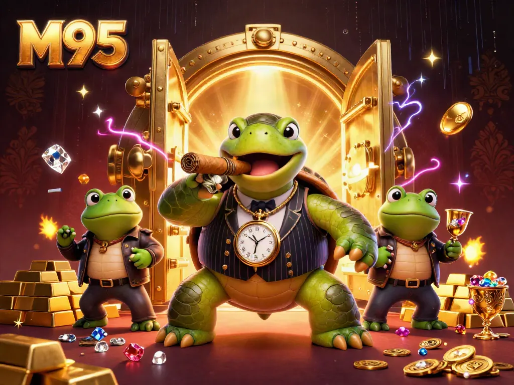 M95 features a cartoon turtle in a mobster suit amidst casino treasures, showcasing exuberant wealth.