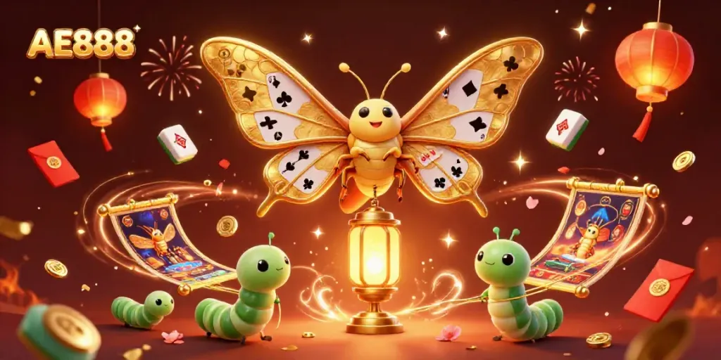 Experience the excitement of AE888 with vibrant casino elements and festive 3D illustration.