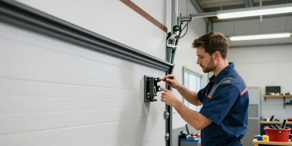 Technician performing roller door repairs in a well-lit garage, showcasing professional repair tools and environment.