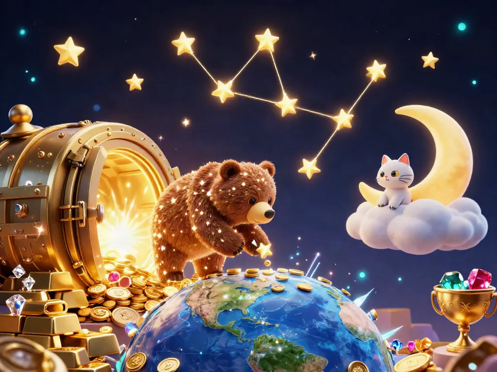 Engage with LGOSUPER's vibrant treasure-filled scene showcasing coins, jewels, and a constellation bear.