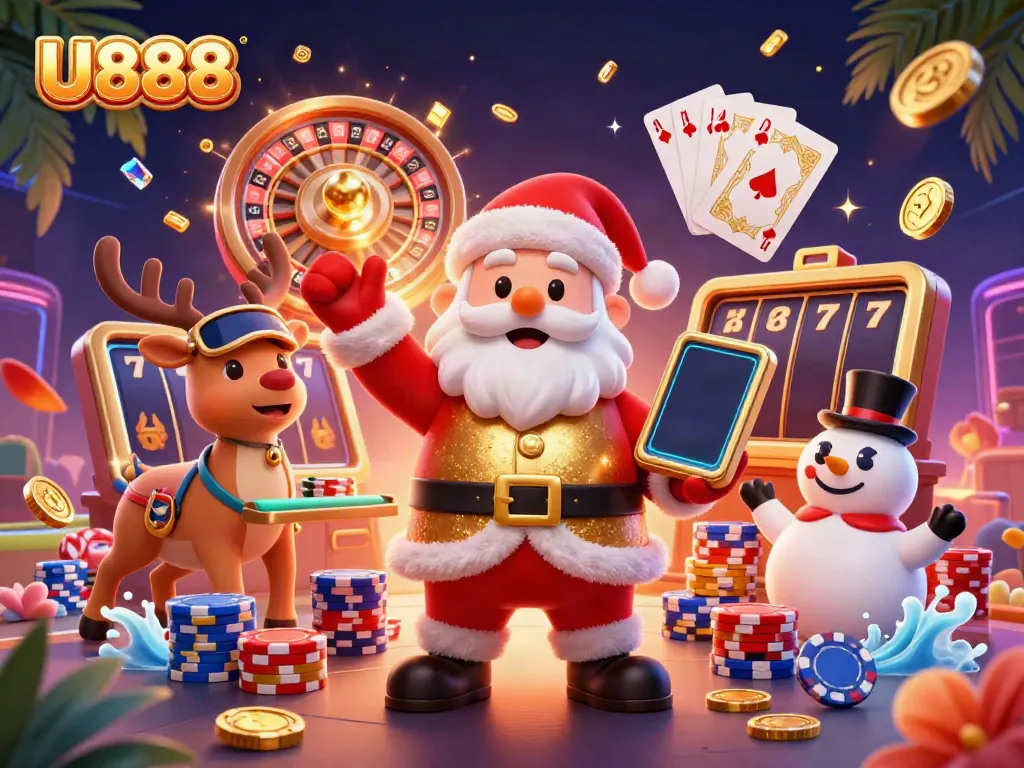 Experience the excitement of U888 with festive casino characters celebrating jackpots and games.