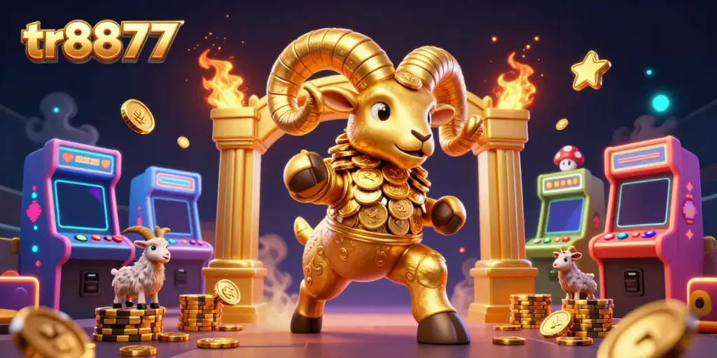 Play exciting games at tr8877 with a golden ram charging through vibrant, colorful casino elements.