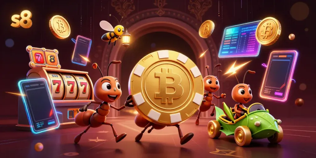 Experience thrilling gameplay with S8's vibrant 3D scene featuring ants and jackpots.