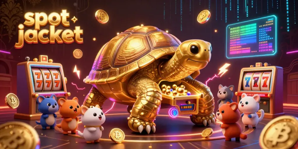 Experience thrilling slot jackpot games in a vibrant 3D cartoon illustration featuring a tortoise pinball machine with glowing cryptocurrency elements.