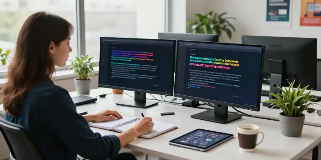 AI content generator in French displayed on dual screens in a modern workspace.