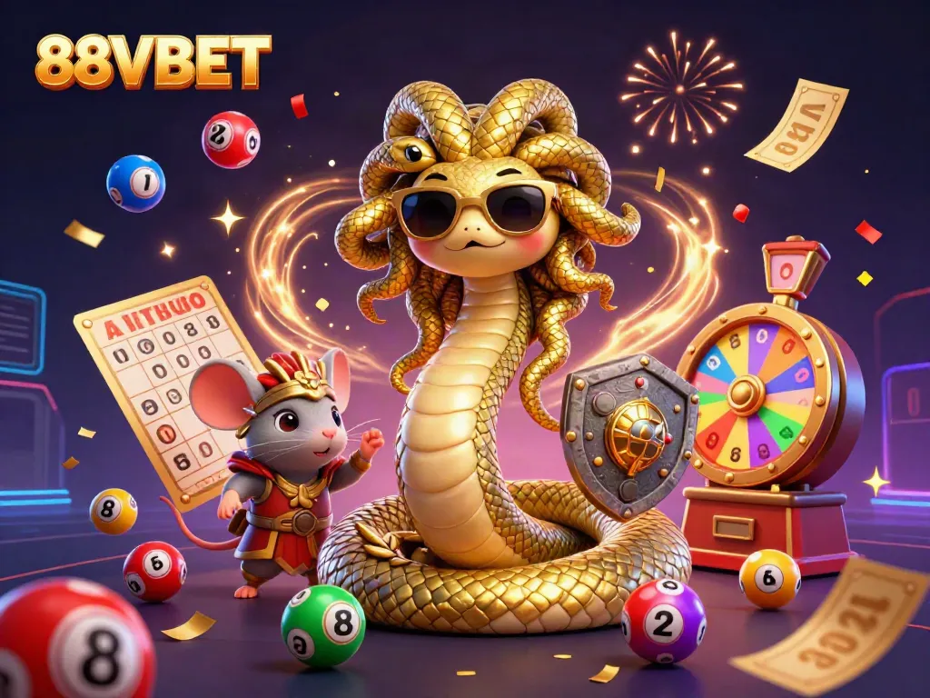 Play exciting games at 88VBET with vibrant scenes of lottery balls and festive characters.