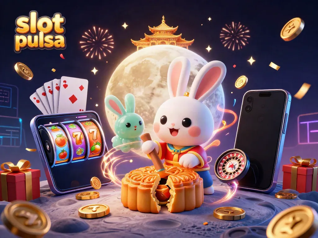 Ilustrasi 3D ceria dengan tema slot pulsa, menampilkan kelinci bulan dengan koin emas dan simbol slot.