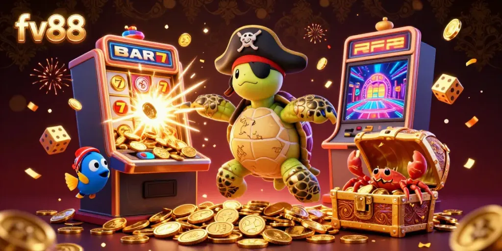 Experience the fun of fv88 with a 3D cartoon pirate turtle exploring a treasure-filled casino scene.