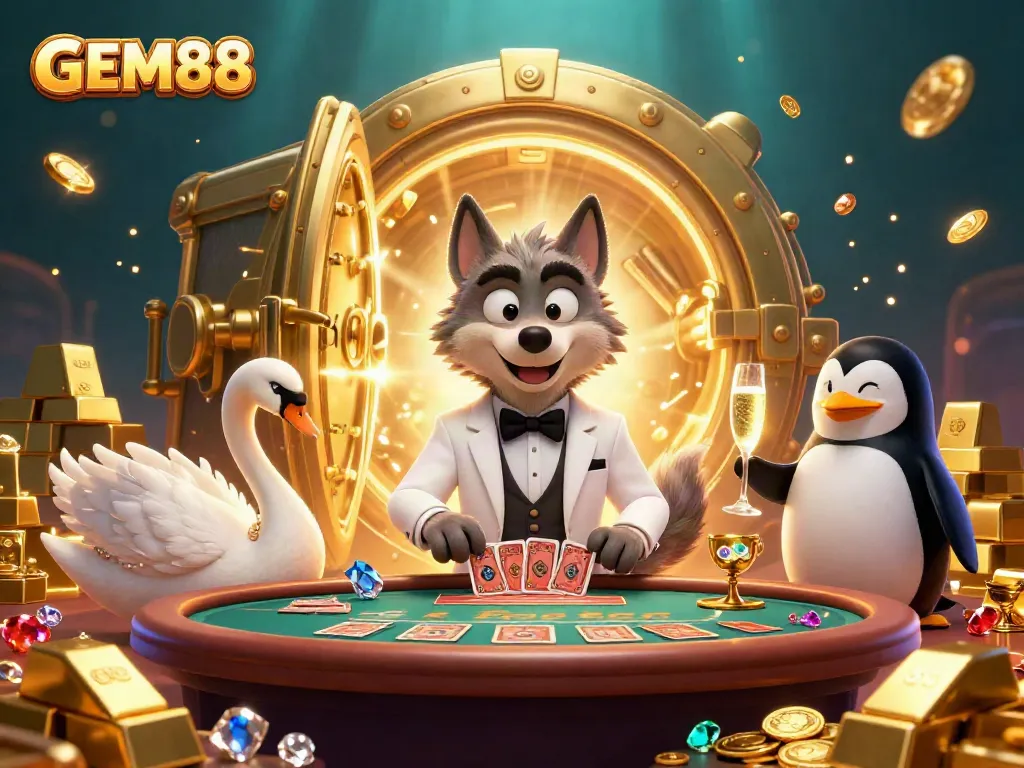 Experience thrilling gambling action with GEM88's enchanting casino scene featuring vibrant characters and luxurious treasures.