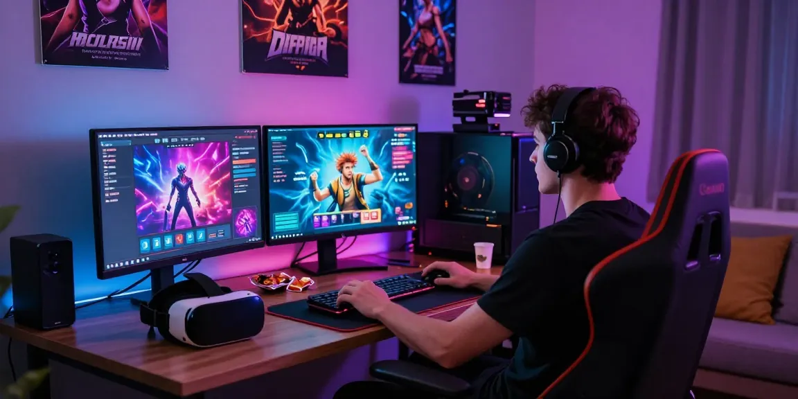 Gamer playing interactive porn games on multiple screens in a stylish gaming setup.