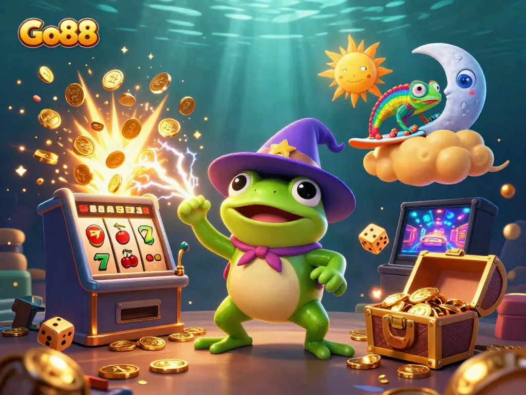 Experience thrilling gameplay with Go88 in this vibrant casino-themed illustration featuring dynamic characters and golden coins.