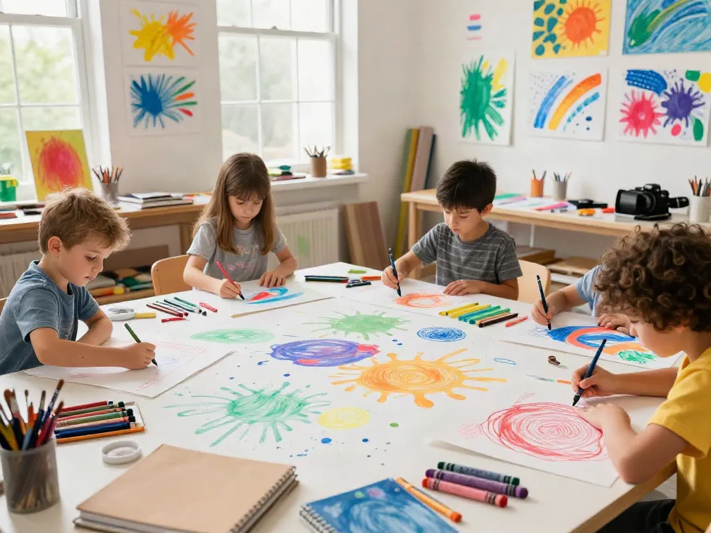 Children engaging in creative activities using various crayon manufacturers' products in a bright art studio.