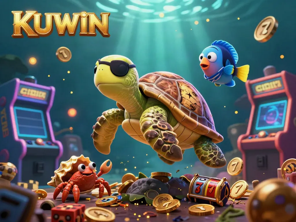 Engage in the vibrant KUWIN casino experience with cartoon pirate characters amidst treasure and gaming elements.