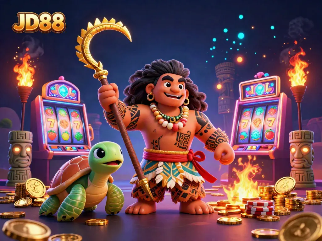 Experience JD88 with an enchanting scene featuring a Polynesian demigod and vibrant slot machines.