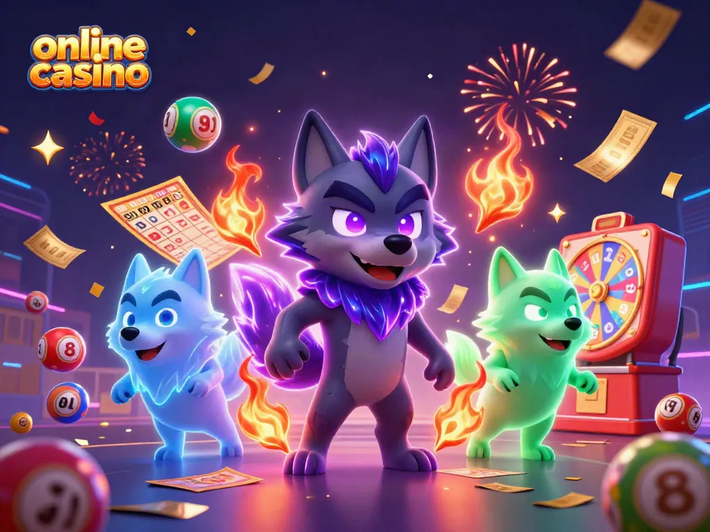 Engaging illustration of a shadow wolf leader and companions in a vibrant online casino scene.