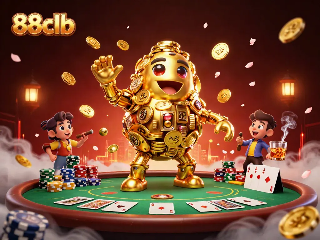 Experience thrilling gameplay with 88clb, featuring a golden golem amidst a bustling casino scene.