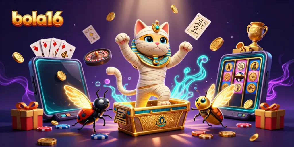 Bola16 brings excitement with a mummy cat in a vibrant casino scene, showcasing glowing elements and dynamic games.