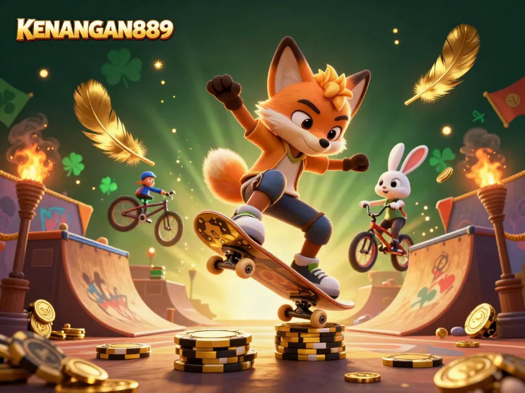 KENANGAN889 showcases a dynamic scene of a skateboarder fox and BMX rabbit in a casino-themed illustration.