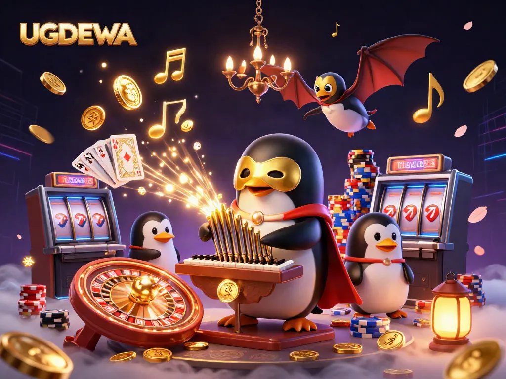 Experience winning strategies with UGDEWA in a vibrant 3D casino scene featuring golden coins and a dynamic penguin character.